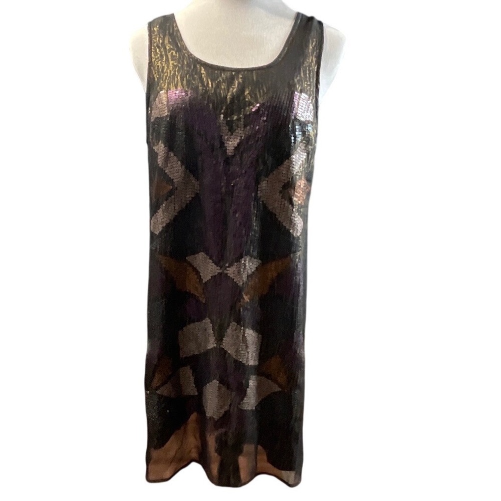 Miss Me Sequin Shift Dress Womens Large Black Gold Geometric Metallic JMD138